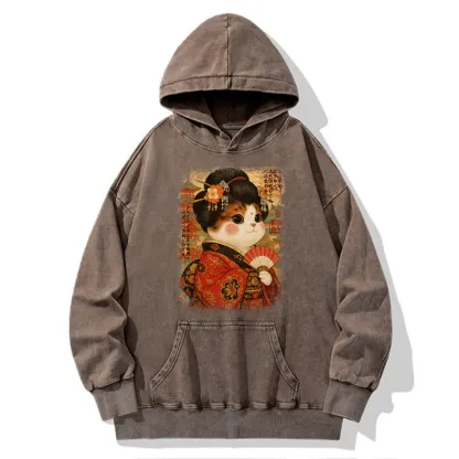Tokyo-Tiger Ukiyoe Japanese Cat Princess Washed Hoodie