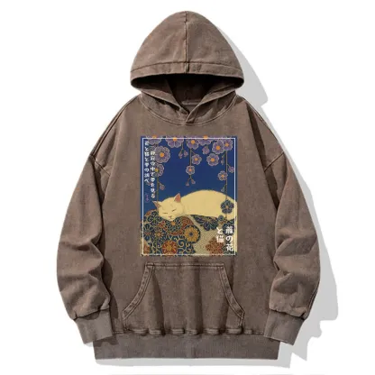 Tokyo-Tiger Ukiyoe Wisteria Flowers and Cats Washed Hoodie