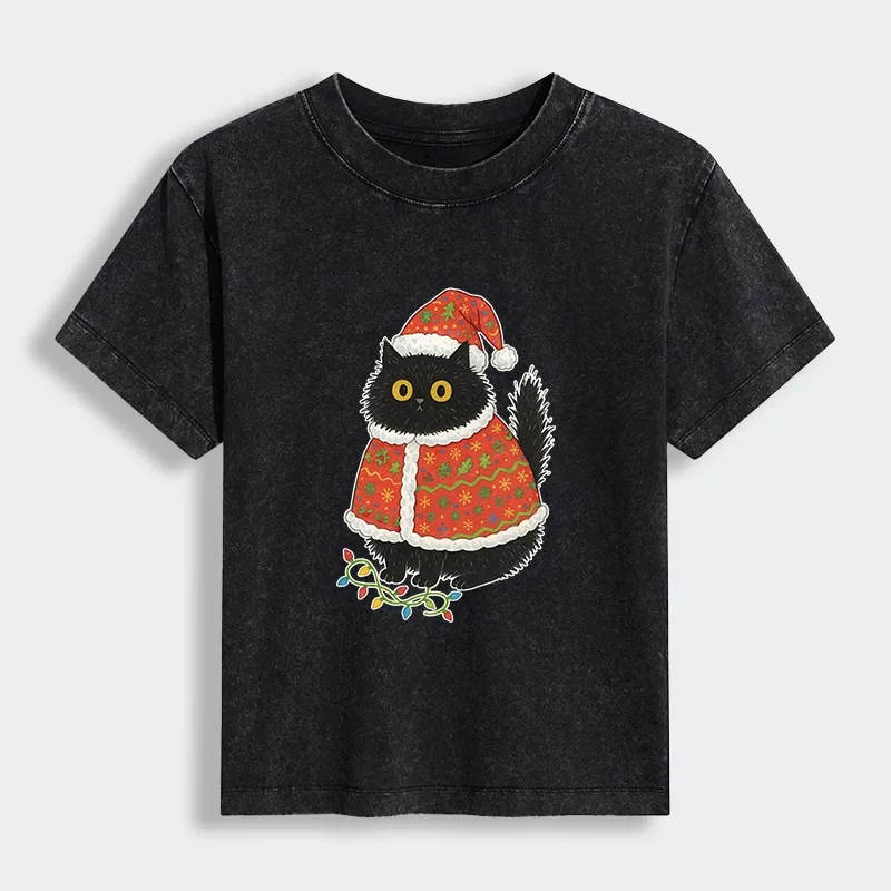 Tokyo-Tiger Cat Wearing Santa Hat Women's Washed T-shirt