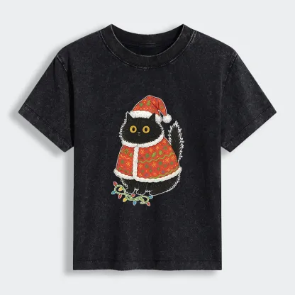 Tokyo-Tiger Cat Wearing Santa Hat Women's Washed T-shirt