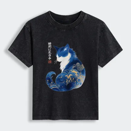Tokyo-Tiger Retro Zen Cat: Living the Present Women's Washed T-shirt