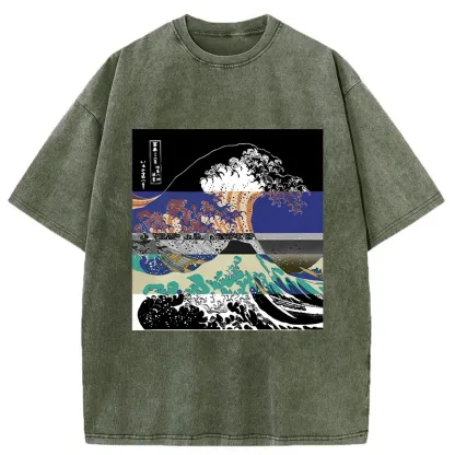 Tokyo-Tiger Ukiyo-e Style Waves Washed T-Shirt