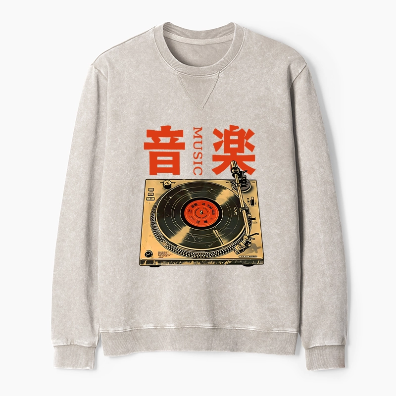Tokyo-Tiger Retro Music Record Player Washed Terry Sweatshirt