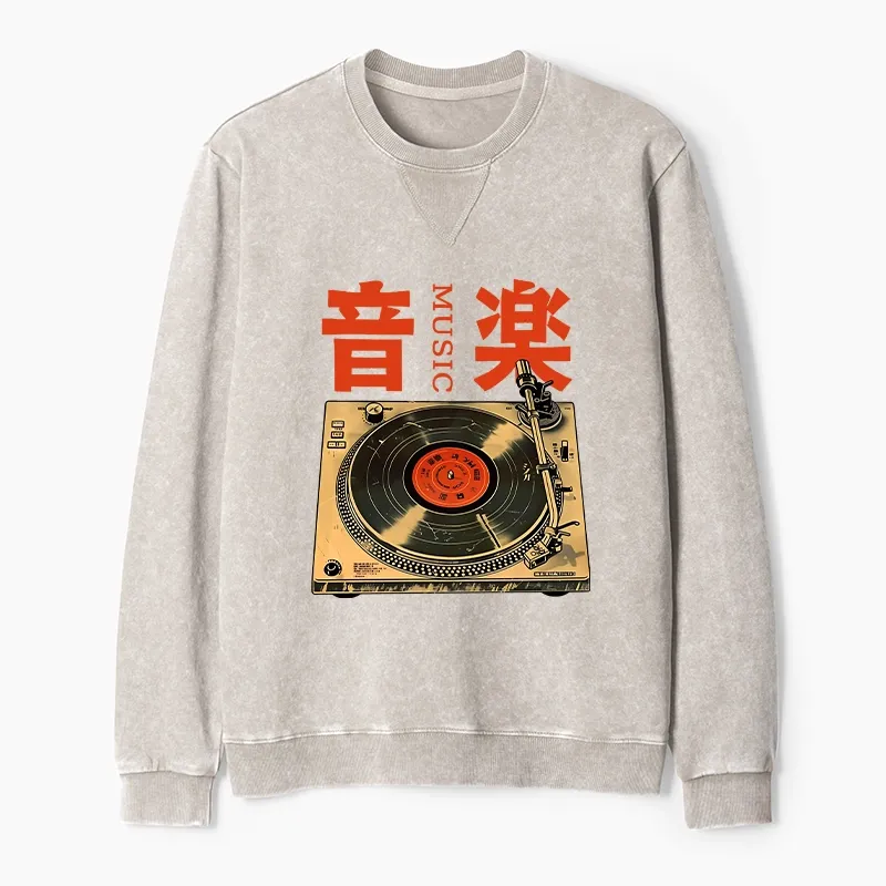 Tokyo-Tiger Retro Music Record Player Washed Terry Sweatshirt
