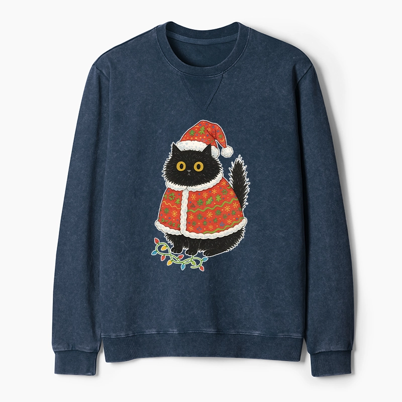 Tokyo-Tiger Cat Wearing Santa Hat Washed Terry Sweatshirt