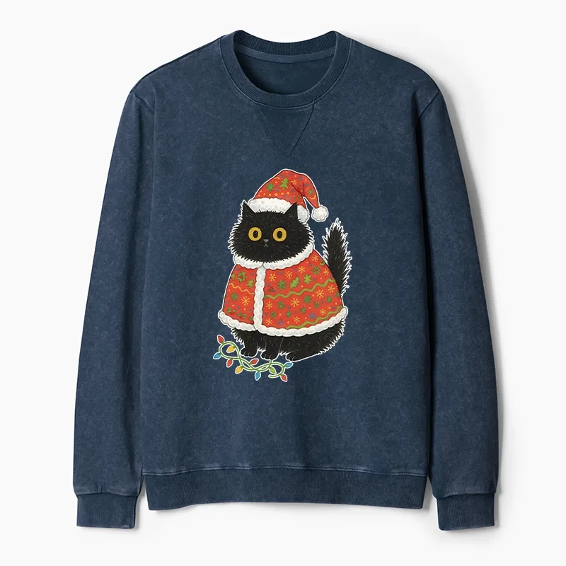 Tokyo-Tiger Cat Wearing Santa Hat Washed Terry Sweatshirt