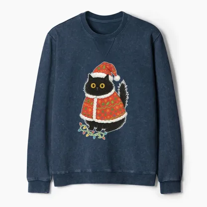 Tokyo-Tiger Cat Wearing Santa Hat Washed Terry Sweatshirt