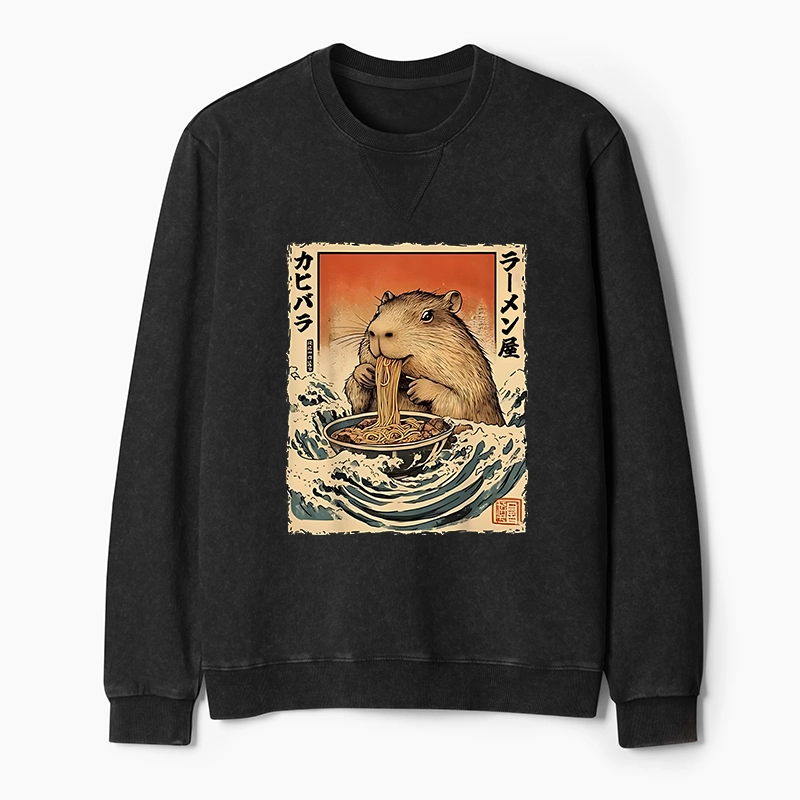 Tokyo-Tiger Hamster Eating Ramen Washed Terry Sweatshirt