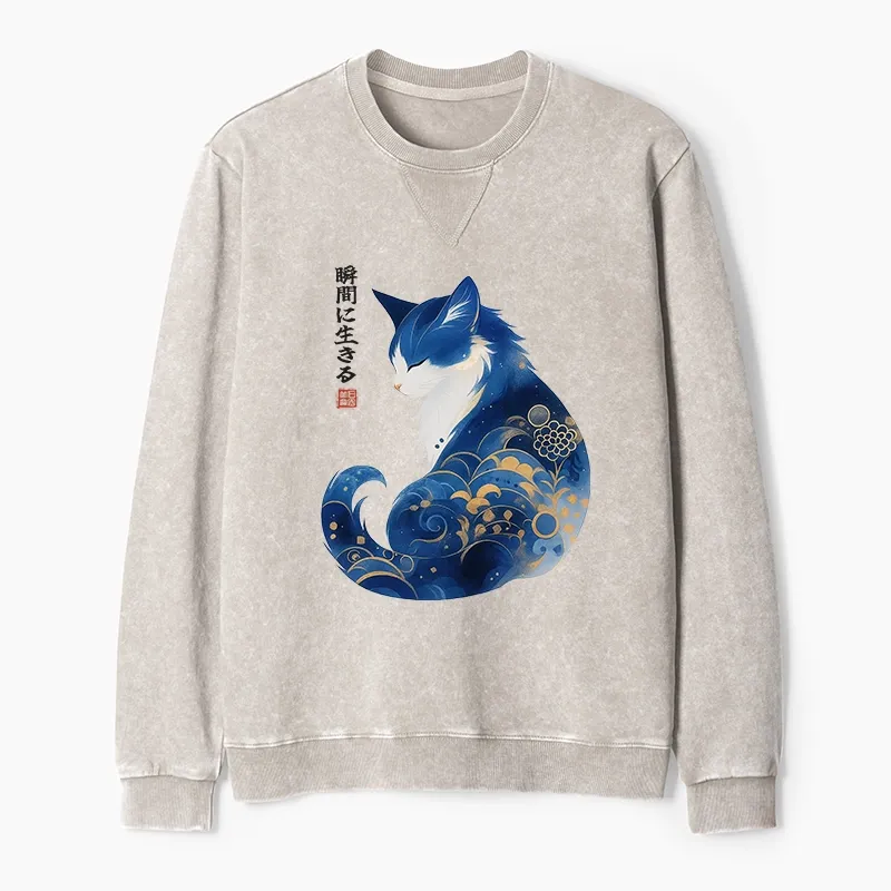 Tokyo-Tiger Retro Zen Cat: Living the Present Washed Terry Sweatshirt