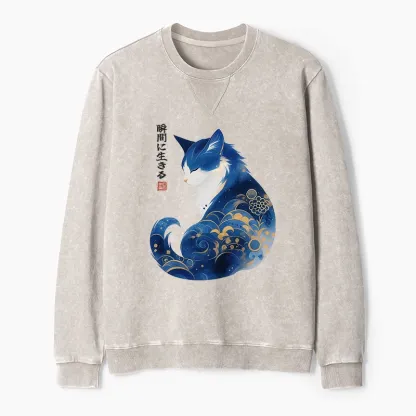 Tokyo-Tiger Retro Zen Cat: Living the Present Washed Terry Sweatshirt