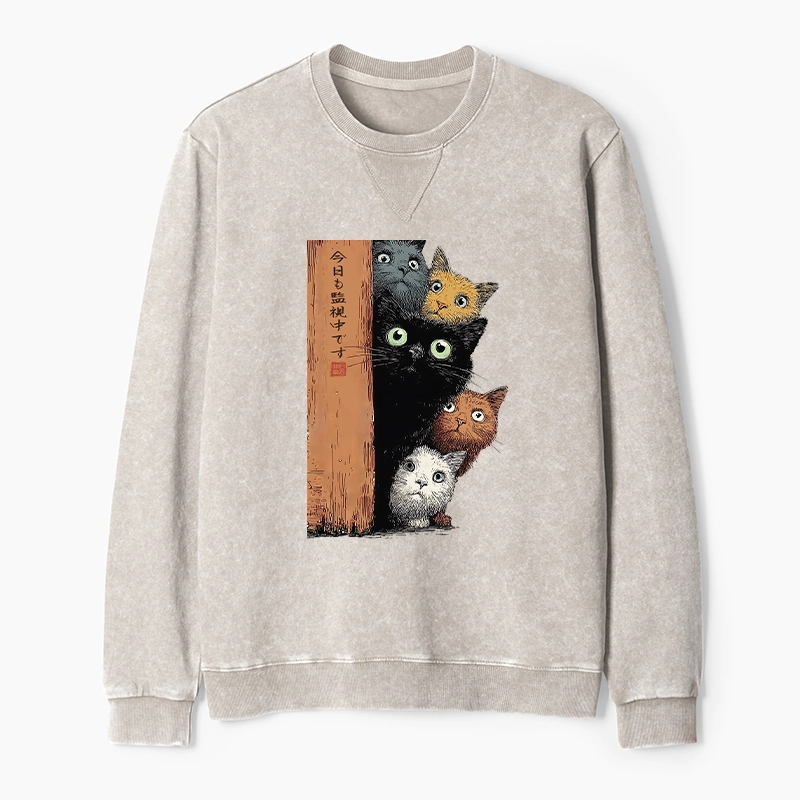 Tokyo-Tiger Five Cats Are Watching You Washed Terry Sweatshirt