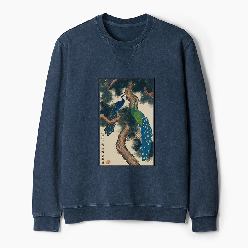 Tokyo-Tiger Peacocks in Snowy Pines Washed Terry Sweatshirt