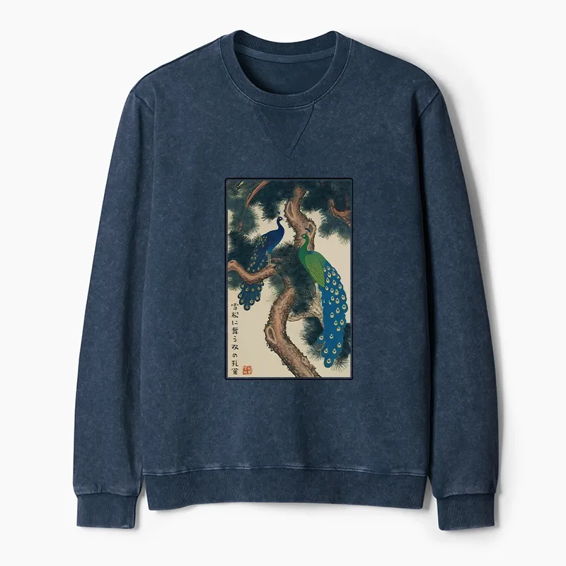 Tokyo-Tiger Peacocks in Snowy Pines Washed Terry Sweatshirt