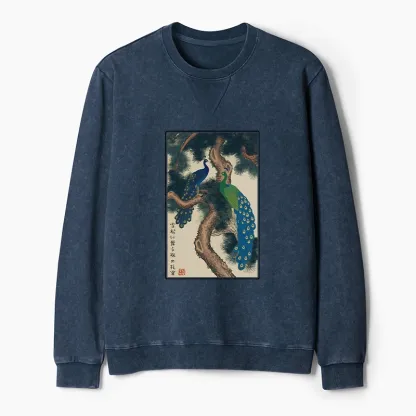 Tokyo-Tiger Peacocks in Snowy Pines Washed Terry Sweatshirt