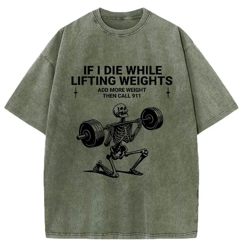 Tokyo-Tiger Skeleton Weightlifting Funny Washed T-Shirt