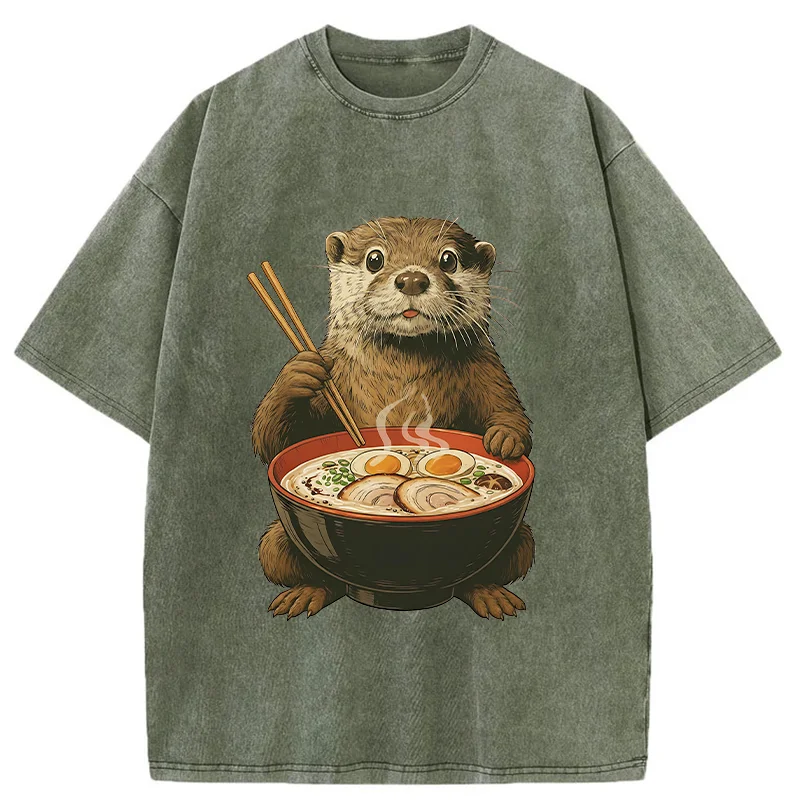 Tokyo-Tiger Otter Eating Ramen Washed T-Shirt