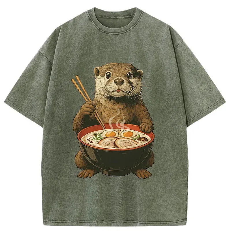 Tokyo-Tiger Otter Eating Ramen Washed T-Shirt