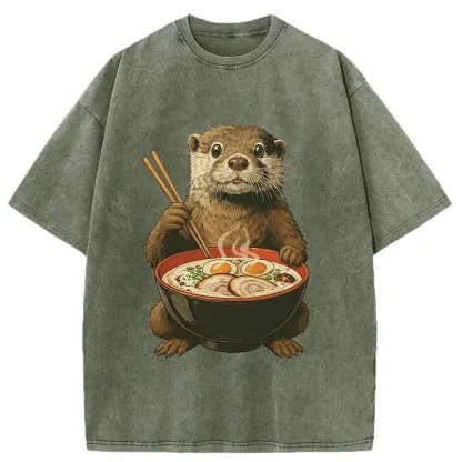 Tokyo-Tiger Otter Eating Ramen Washed T-Shirt