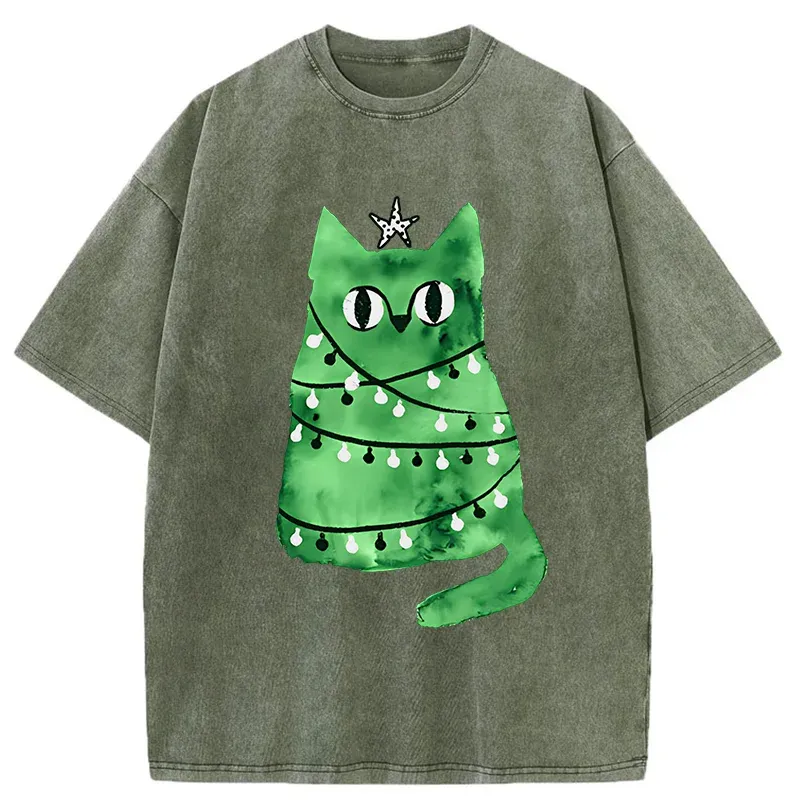 Tokyo-Tiger Christmas Tree Green Cat Washed T-Shirt