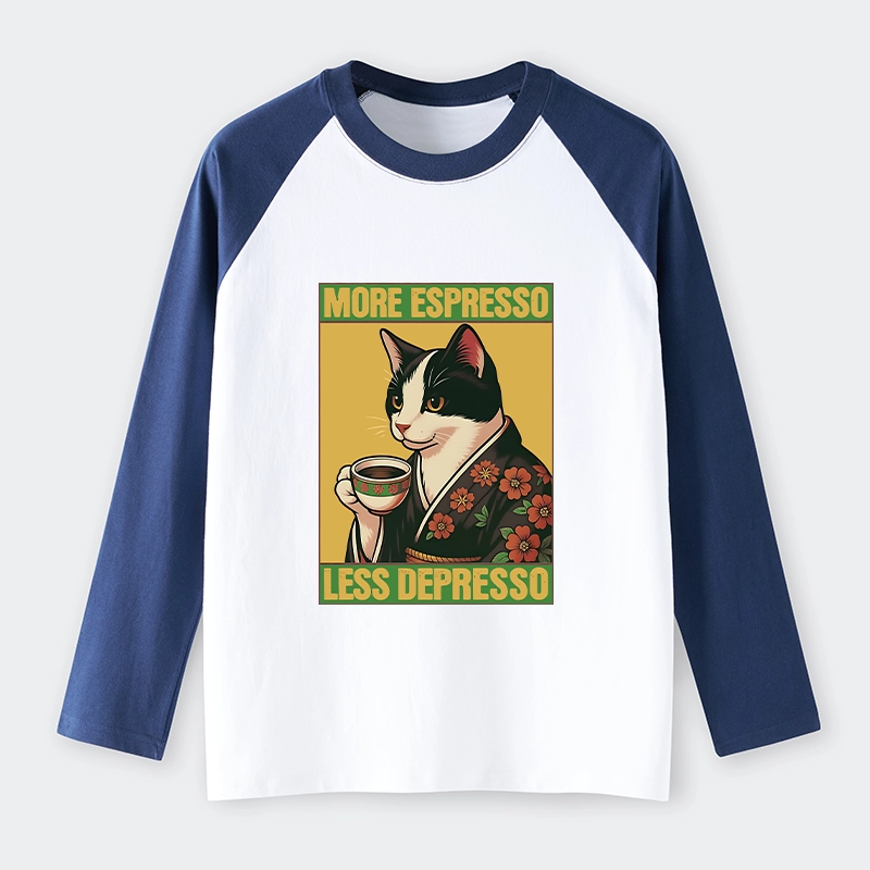 Tokyo-Tiger Tuxedo Cat Drinking Coffee Raglan Long Sleeve T-shirt