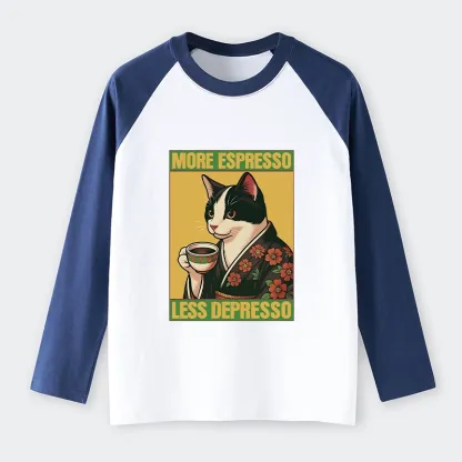 Tokyo-Tiger Tuxedo Cat Drinking Coffee Raglan Long Sleeve T-shirt