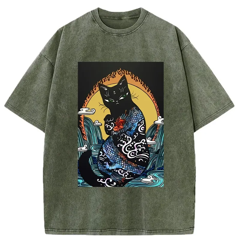 Tokyo-Tiger Black Cat With Dragon Pattern Washed T-Shirt