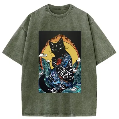 Tokyo-Tiger Black Cat With Dragon Pattern Washed T-Shirt