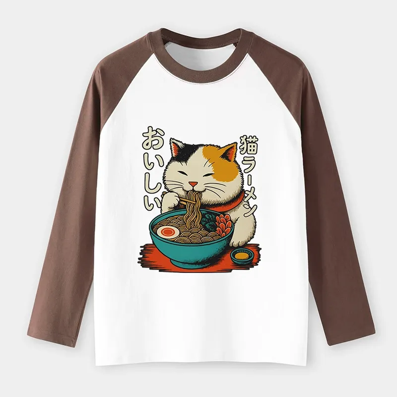 Tokyo-Tiger Cute Eat Eating Japanese Ramen Raglan Long Sleeve T-shirt