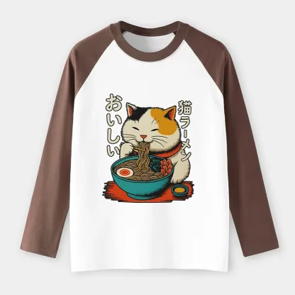 Tokyo-Tiger Cute Eat Eating Japanese Ramen Raglan Long Sleeve T-shirt