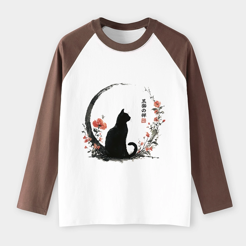 Tokyo-Tiger Black Cat And Flowers Raglan Long Sleeve T-shirt