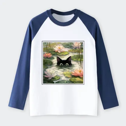 Tokyo-Tiger Black Cat and Lotus Flower Raglan Long Sleeve T-shirt