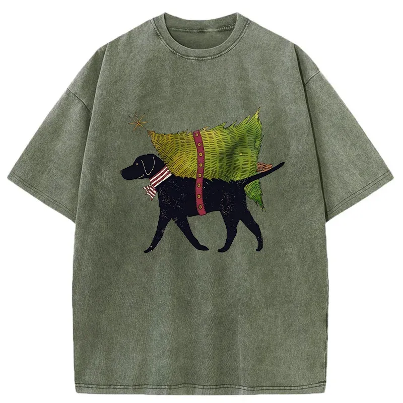 Tokyo-Tiger Dog Carrying Christmas Tree Washed T-Shirt