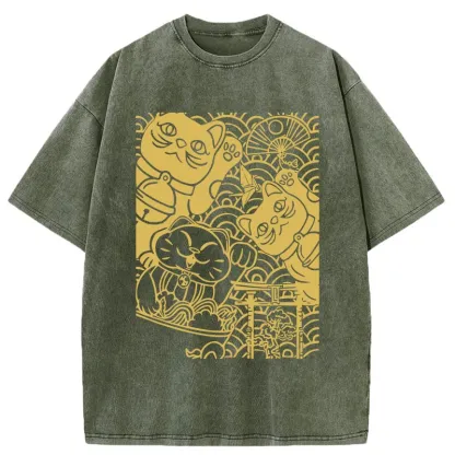 Tokyo-Tiger Lucky Cat Good Luck Washed T-Shirt