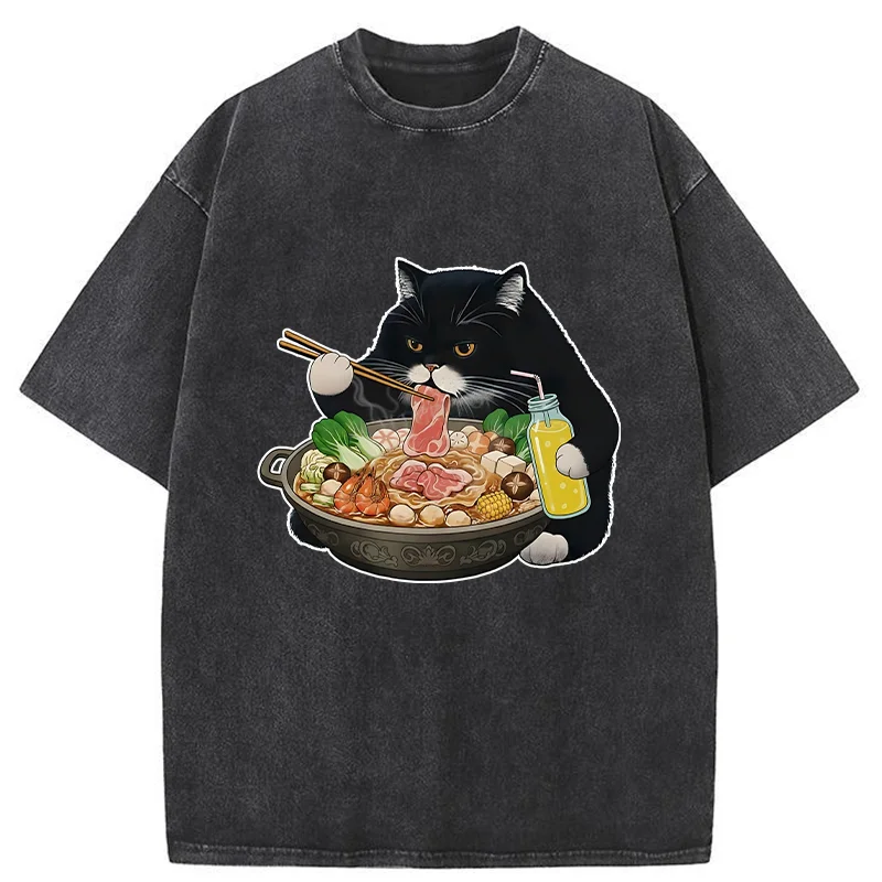 Tokyo-Tiger Black Cat Eating Hot Pot Washed T-Shirt