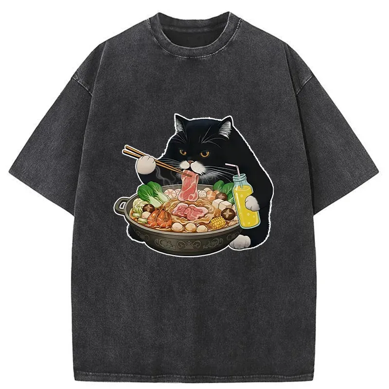 Tokyo-Tiger Black Cat Eating Hot Pot Washed T-Shirt