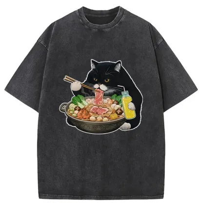 Tokyo-Tiger Black Cat Eating Hot Pot Washed T-Shirt