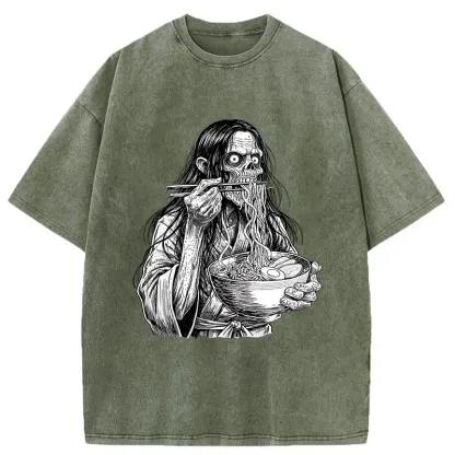 Tokyo-Tiger Ghost Eats Ramen Washed T-Shirt