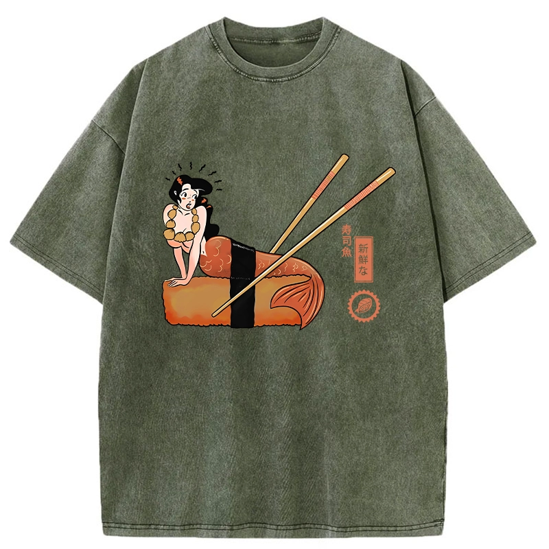 Tokyo-Tiger Funny Sushi Mermaid Washed T-Shirt