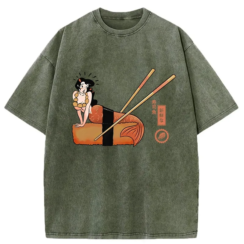 Tokyo-Tiger Funny Sushi Mermaid Washed T-Shirt