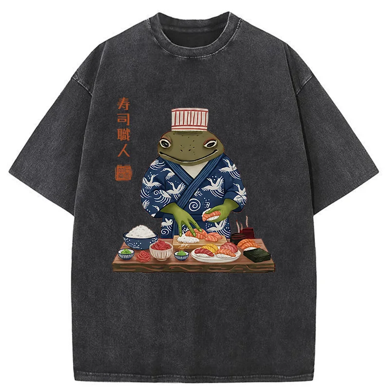 Tokyo-Tiger Frog Sushi Chef Washed T-Shirt
