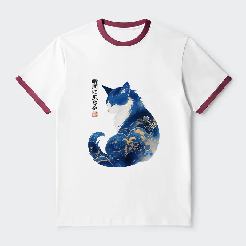 Tokyo-Tiger Retro Zen Cat: Living the Present Trim T-Shirt