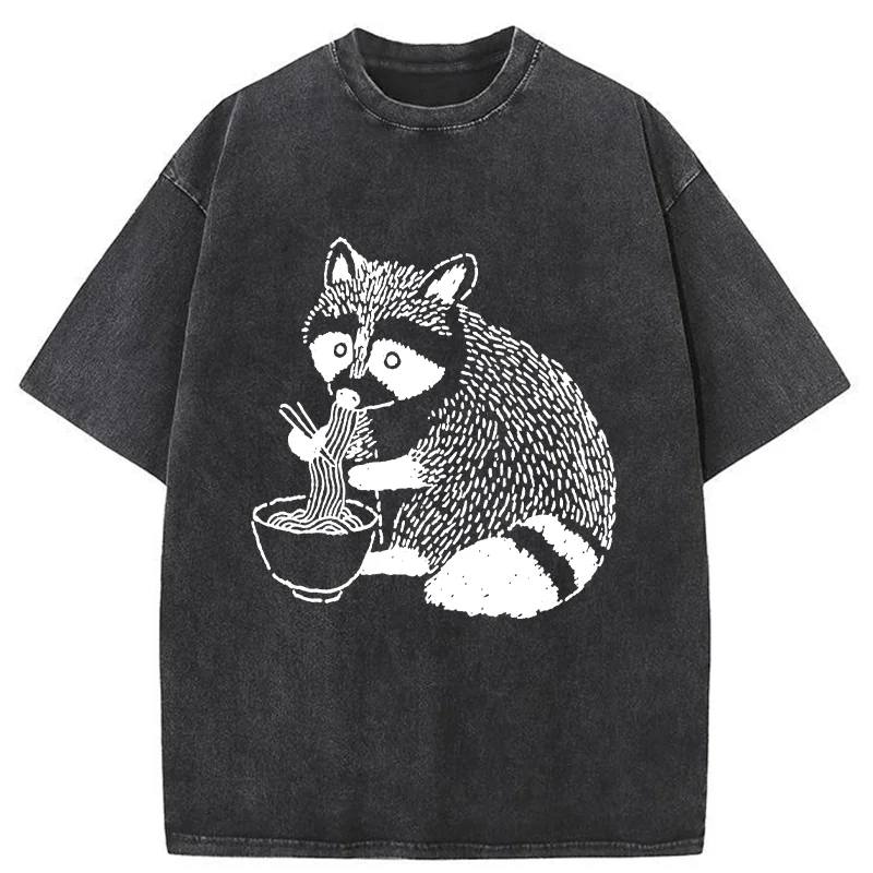 Tokyo-Tiger Cute Raccoon Eating Ramen Washed T-Shirt