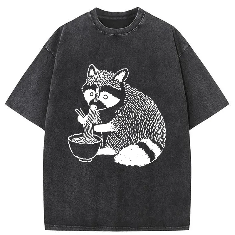Tokyo-Tiger Cute Raccoon Eating Ramen Washed T-Shirt