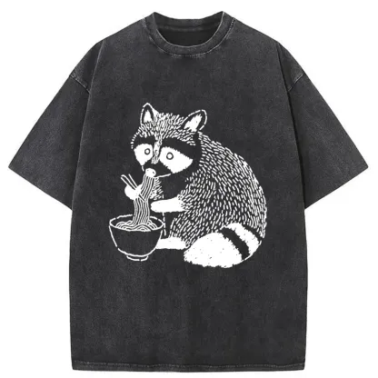 Tokyo-Tiger Cute Raccoon Eating Ramen Washed T-Shirt