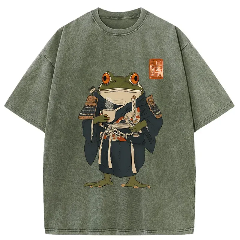 Tokyo-Tiger Frog Samurai Drinking Tea Washed T-Shirt