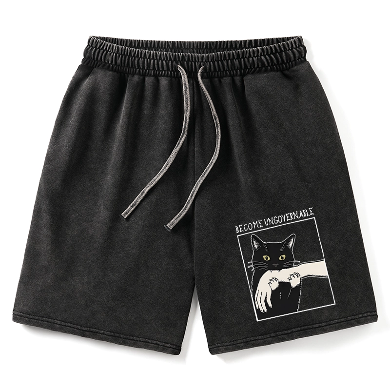 Tokyo-Tiger Black Cat Biting Washed Shorts