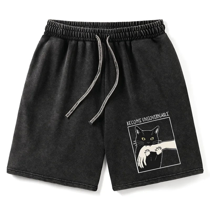 Tokyo-Tiger Black Cat Biting Washed Shorts Sale