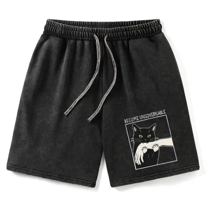 Tokyo-Tiger Black Cat Biting Washed Shorts