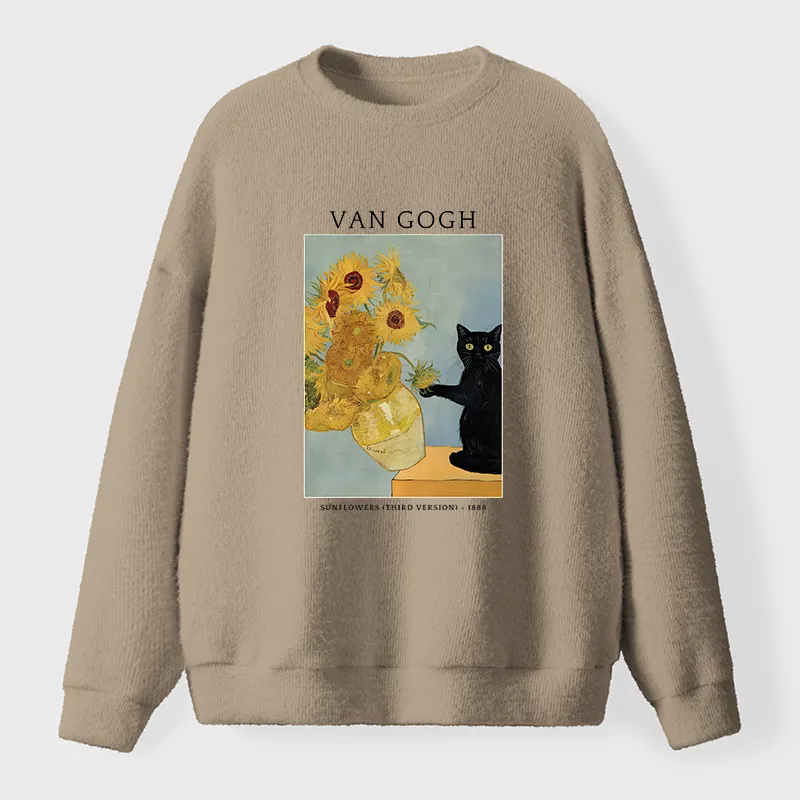 Tokyo-Tiger Black Cat With Sunflowers Fuzzy Sweatshirt