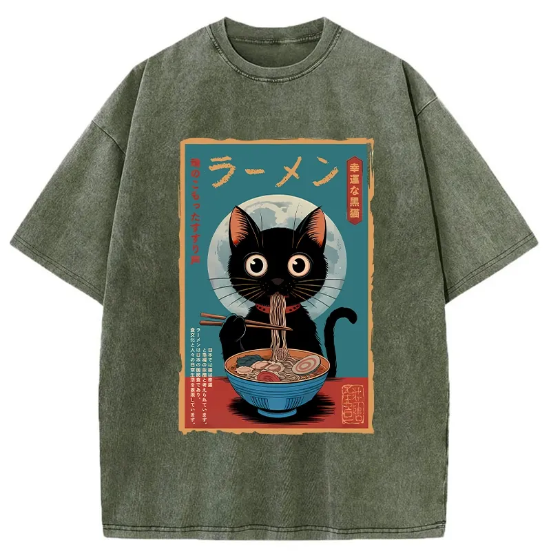 Tokyo-Tiger Ramen Fanatic Cat Washed T-Shirt